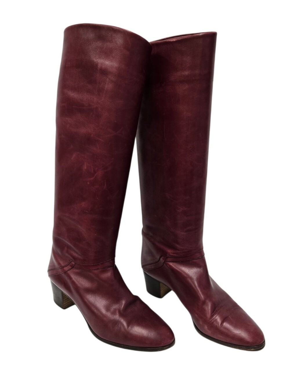 Vintage Heeled Knee-High Leather Boots in Maroon